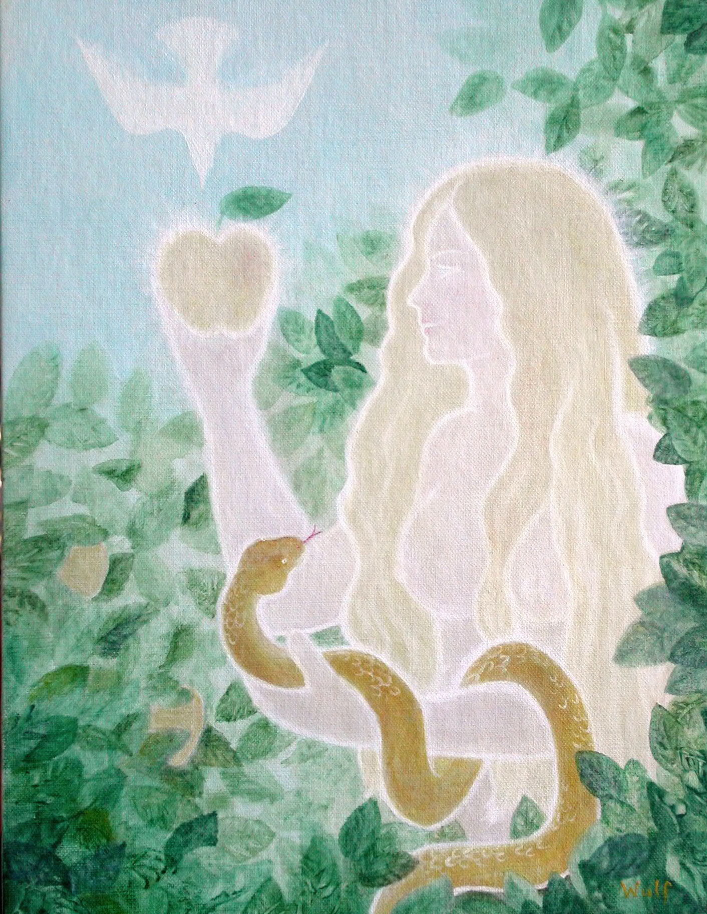 First Mother - Eve in the Garden of Eden with dive apple and serpent